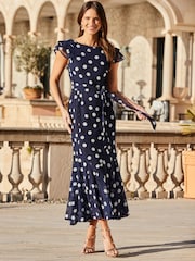 Sosandar Blue Spot Print Frill Hem Midaxi Dress - Image 4 of 4