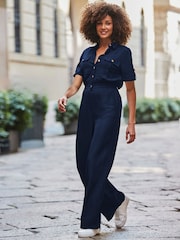 Sosandar Blue Button Front Wide Leg Jumpsuit - Image 2 of 4