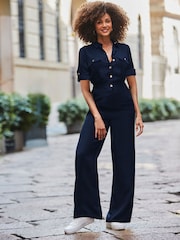 Sosandar Blue Button Front Wide Leg Jumpsuit - Image 4 of 4