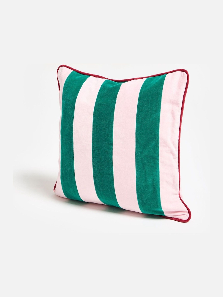 Oliver Bonas Pink & Green Striped Velvet Cushion Cover 45x45cm - Image 1 of 4