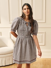 Laura Ashley Burgundy Red Cranhill Check Shirred Mini Dress - Image 1 of 7