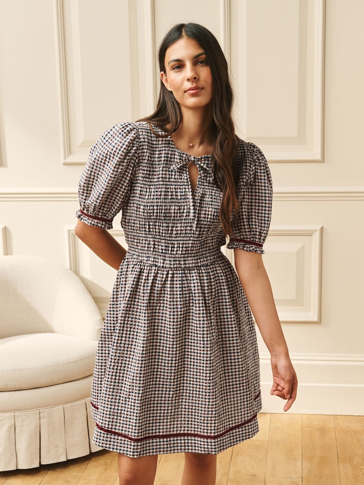 Laura Ashley Burgundy Red Cranhill Check Shirred Mini Dress - Image 1 of 7