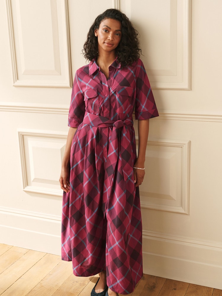 Laura Ashley Burgundy Red Check Cotton Shirt Dress - Image 2 of 8