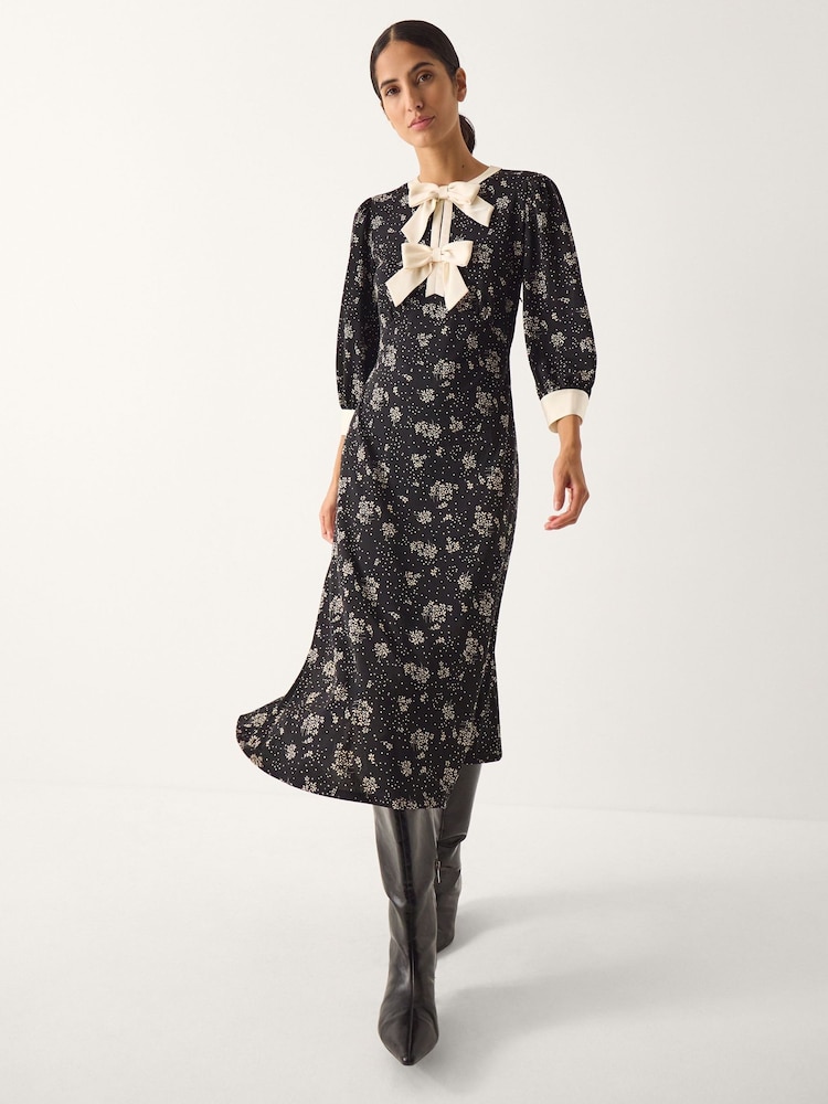 Monsoon Black Dotty Bow Floral Jersey Midi Dress - Image 1 of 4 Monsoon Black Dotty Bow Floral Jersey Midi Dress - Image 1 of 4