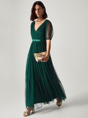 Verde - Monsoon Ellie Sheer Sleeve Plunge Tulle Maxi Dress - Imagen 1 de 3