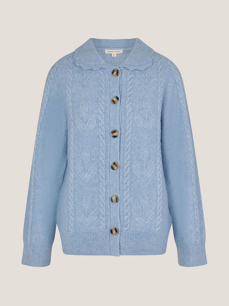 Monsoon Blue Kat Floral Cable Knit Cardigan - Image 1 of 1