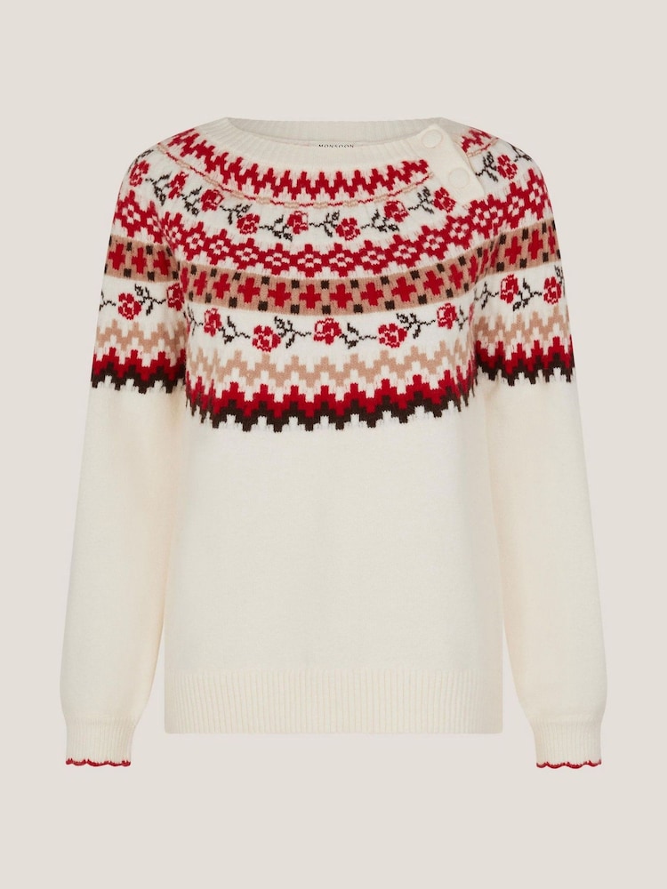 Monsoon Natural Rhi Floral Fairisle Pattern Jumper - Image 1 of 1 Monsoon Natural Rhi Floral Fairisle Pattern Jumper - Image 1 of 1