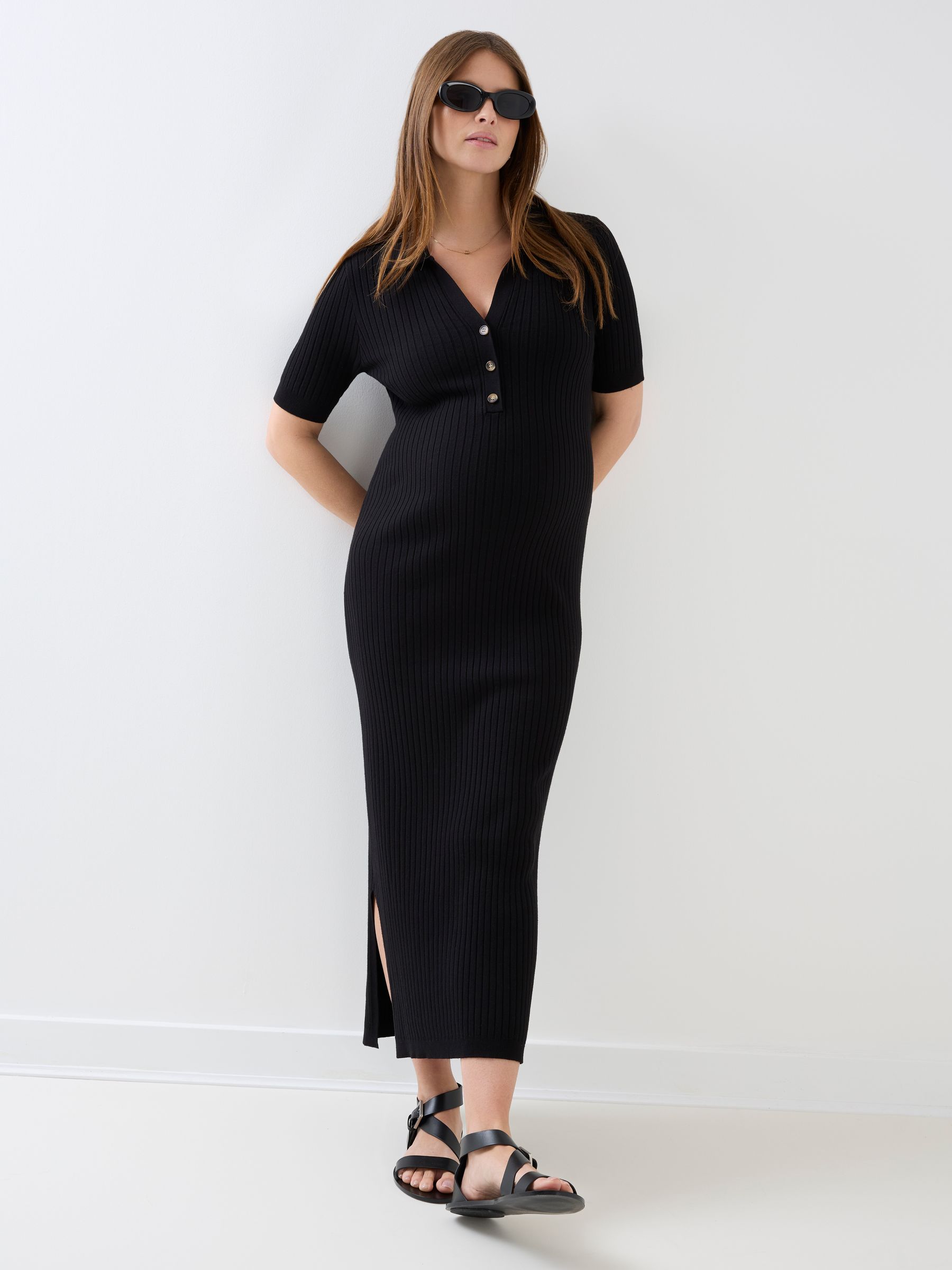 Jojo Maman Bébé Women's Black Collared Ribbed Knitted Maternity Dress