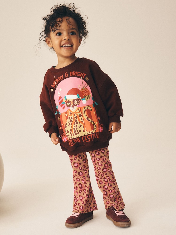 Pink Christmas Leopard Sweatshirt and Flare Leggings Set (3mths-7yrs) - Image 1 of 4 Pink Christmas Leopard Sweatshirt and Flare Leggings Set (3mths-7yrs) - Image 1 of 4