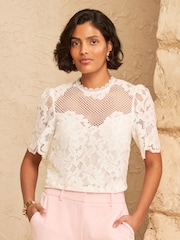 Love & Roses Ivory Lace Mesh Short Sleeve Blouse - Image 1 of 5
