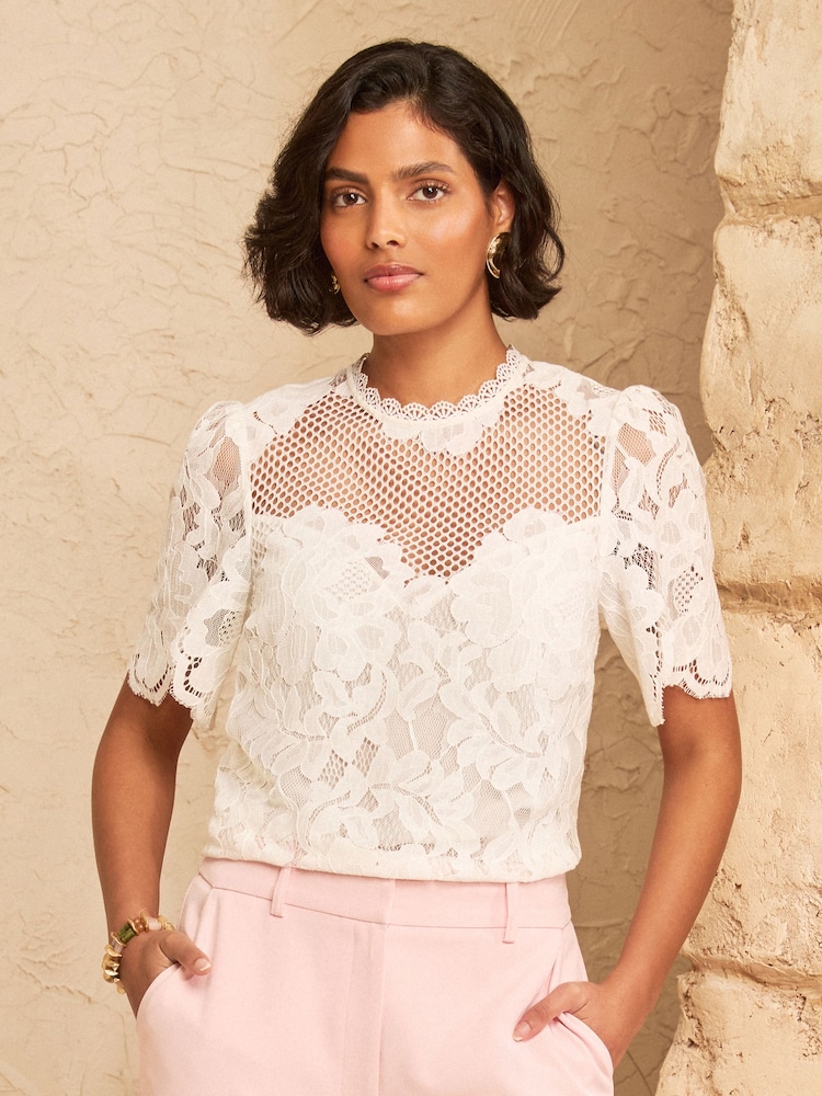 Love & Roses Ivory Lace Mesh Short Sleeve Blouse - Image 1 of 5