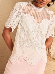 Love & Roses Ivory Lace Mesh Short Sleeve Blouse - Image 2 of 5