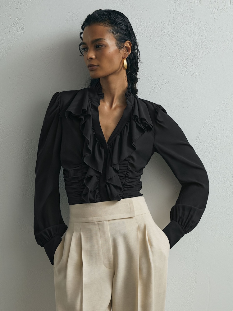 Atelier Silk-Blend Ruffled Black Blouse - Image 1 of 6 Atelier Silk-Blend Ruffled Black Blouse - Image 1 of 6