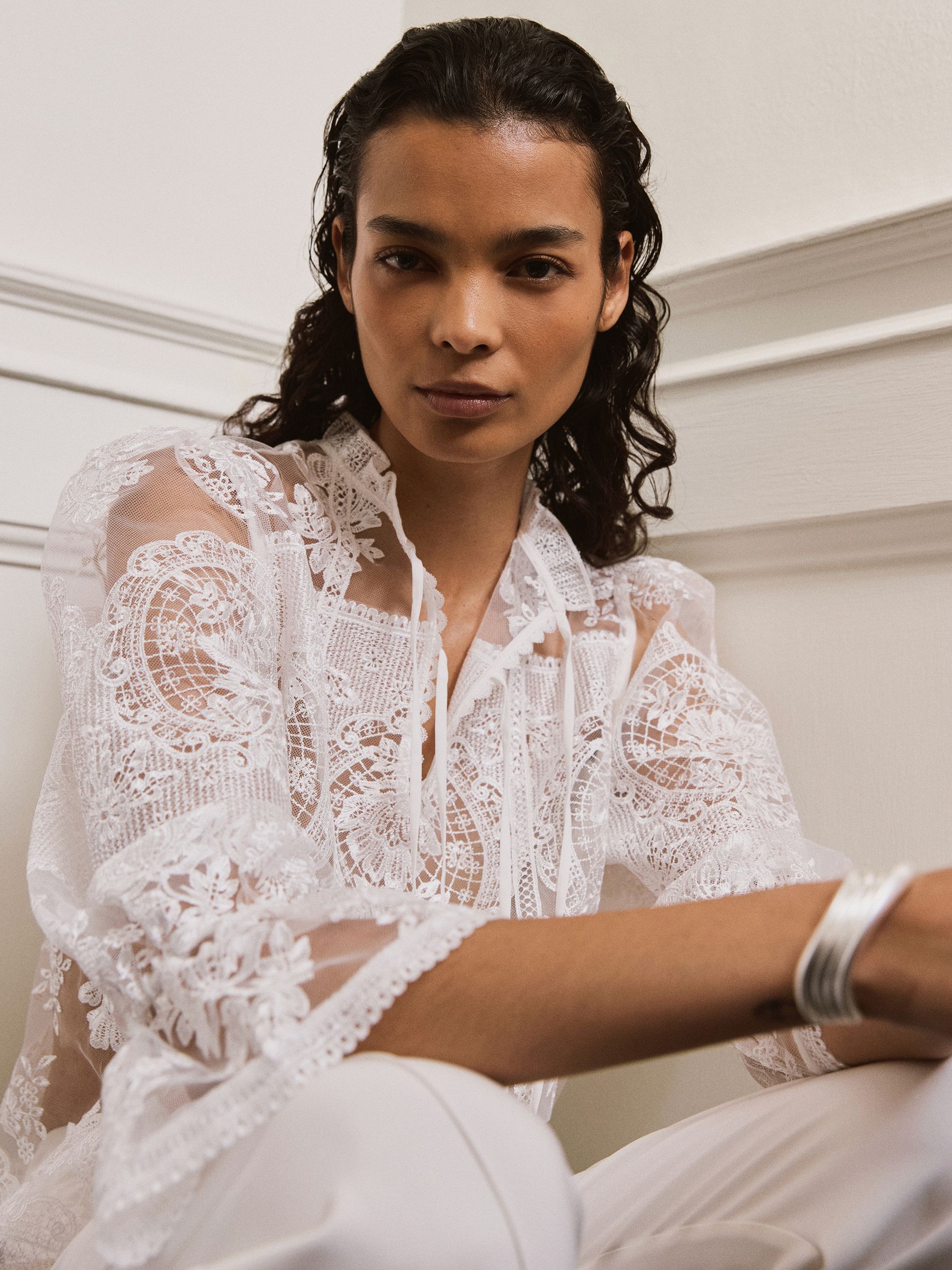 Buy Reiss Ivory Demi Sheer Lace Tie-Neck Blouse from Next USA