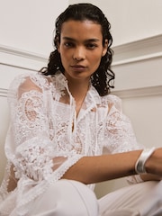Reiss Ivory Demi Sheer Lace Tie-Neck Blouse - Image 1 of 10