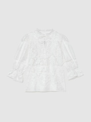 Reiss Ivory Demi Sheer Lace Tie-Neck Blouse - Image 2 of 10