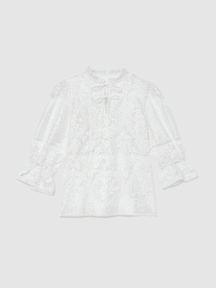 Reiss Ivory Demi Sheer Lace Tie-Neck Blouse - Image 2 of 10