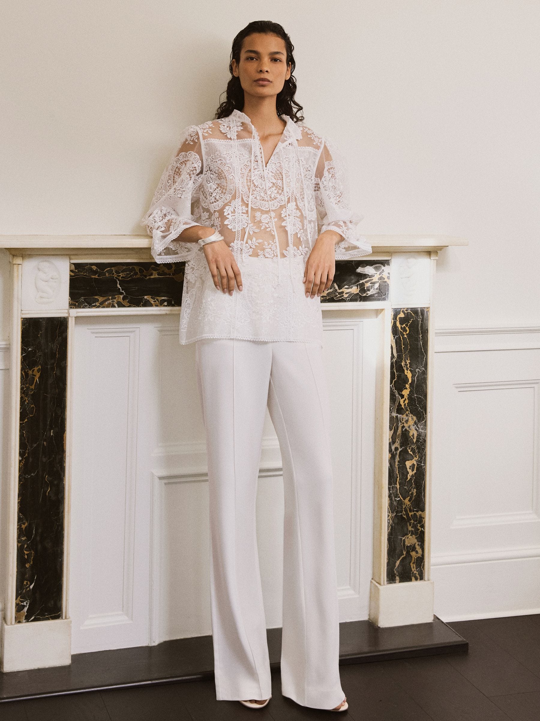 Buy Reiss Ivory Demi Sheer Lace Tie-Neck Blouse from Next USA