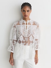 Reiss Ivory Demi Sheer Lace Tie-Neck Blouse - Image 6 of 10