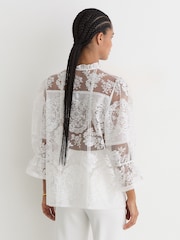 Reiss Ivory Demi Sheer Lace Tie-Neck Blouse - Image 7 of 10
