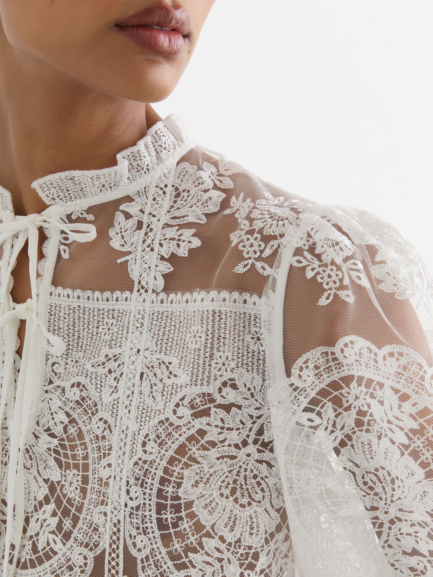 Buy Reiss Ivory Demi Sheer Lace Tie-Neck Blouse from Next USA