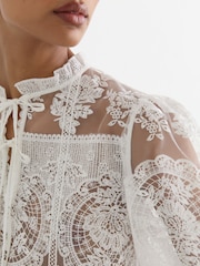 Reiss Ivory Demi Sheer Lace Tie-Neck Blouse - Image 8 of 10