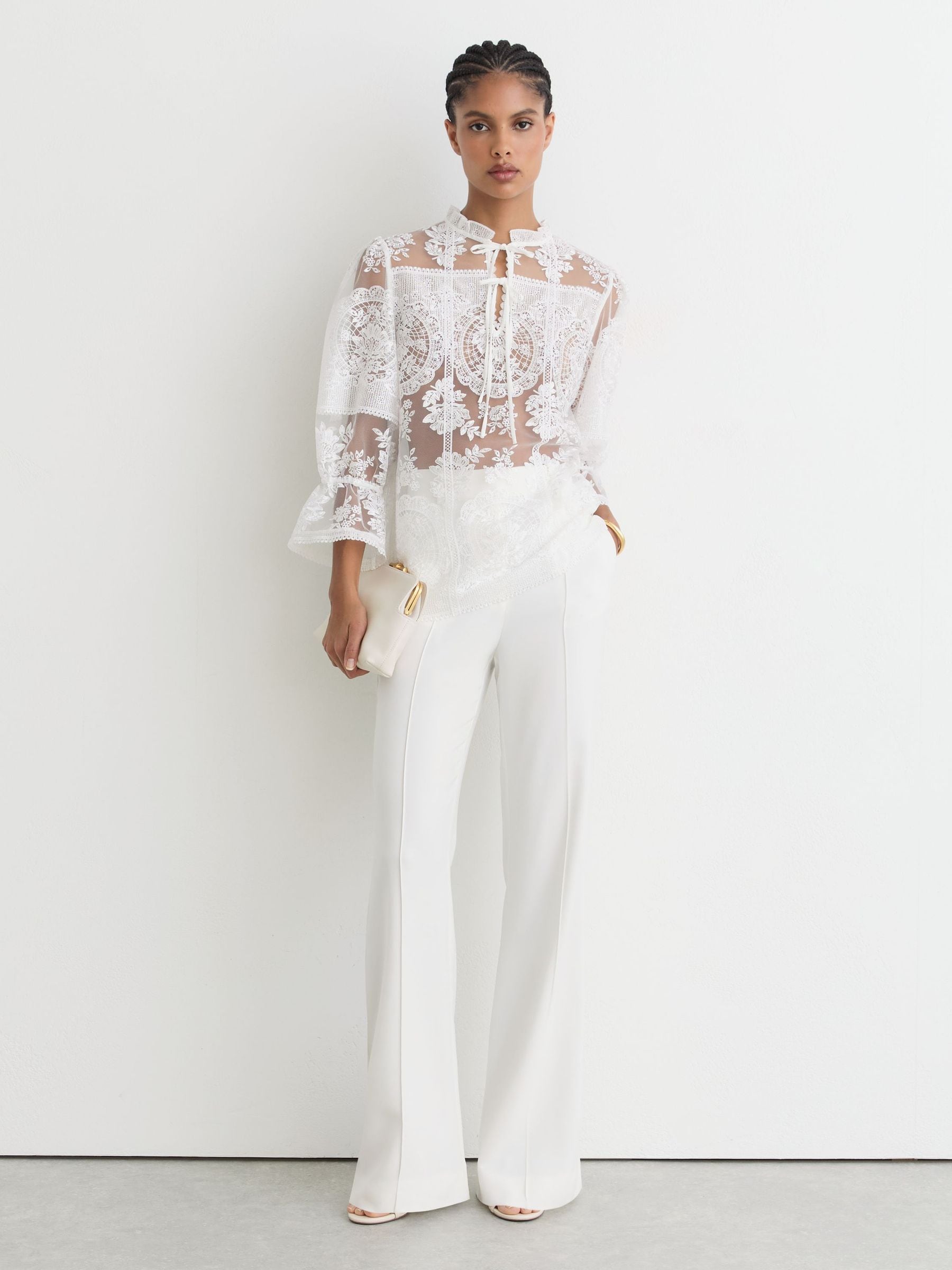 Buy Reiss Ivory Demi Sheer Lace Tie-Neck Blouse from Next USA