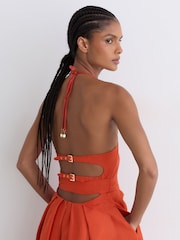 Reiss Coral Orange Paules Linen Open-Back Maxi Dress - Image 4 of 9