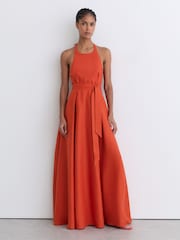 Reiss Coral Orange Paules Linen Open-Back Maxi Dress - Image 6 of 9