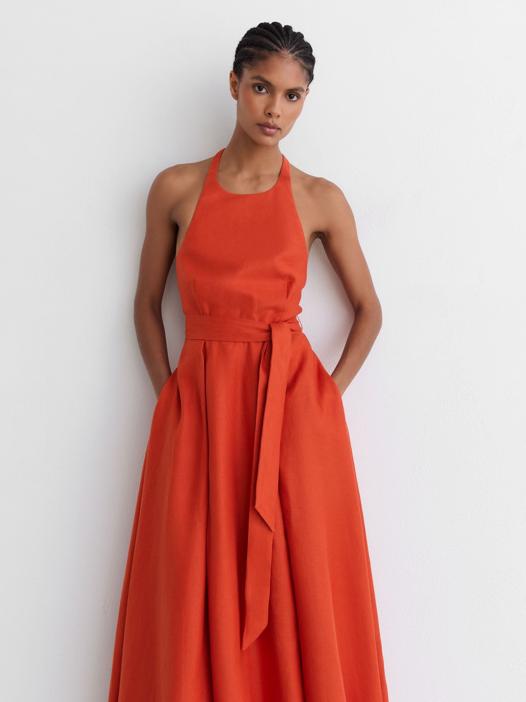 Buy Reiss Coral Orange Paules Linen Open-Back Maxi Dress from Next