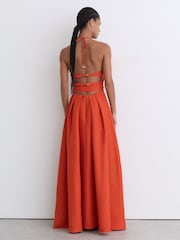 Reiss Coral Orange Paules Linen Open-Back Maxi Dress - Image 8 of 9