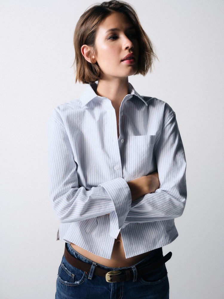 The Set 2 Pack Long Sleeve Cropped Shirts Light Blue/White Stripe - Image 1 of 11