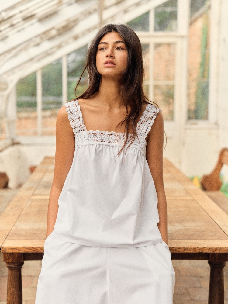 The Set 2 Pack Lace Trim Vest Tops White/Chocolate Brown - Image 2 of 9