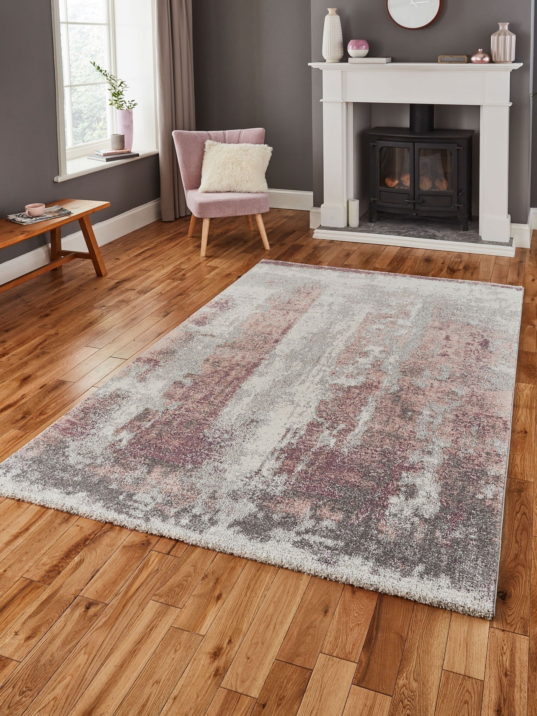 - Ivory/rose Modern Easy To Clean Abstract Rug For Dining Room-160Cm X 220Cm - Image 3