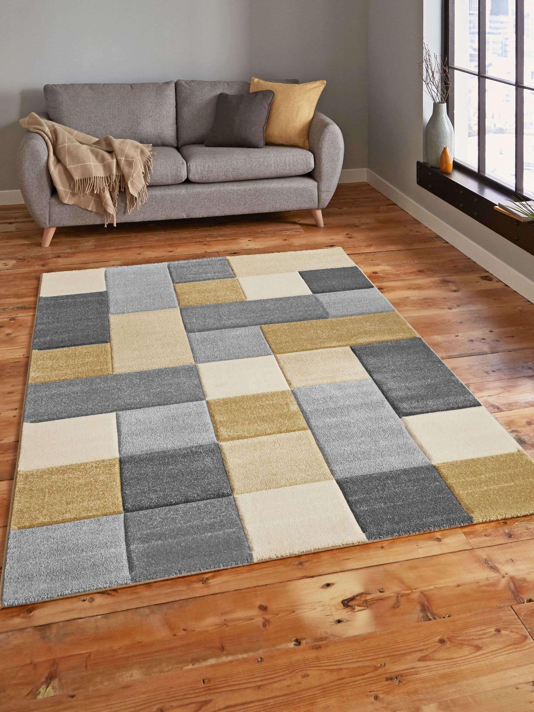 Think Rugs (160X220cm) Brooklyn 646 Modern Rugs In Squares Of Beige And Yellow Thick Soft Mats - Image 4