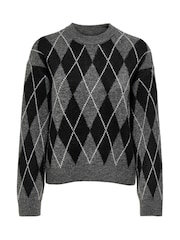 JDY Grey Argyle Long Sleeve Jumper - Image 1 of 2