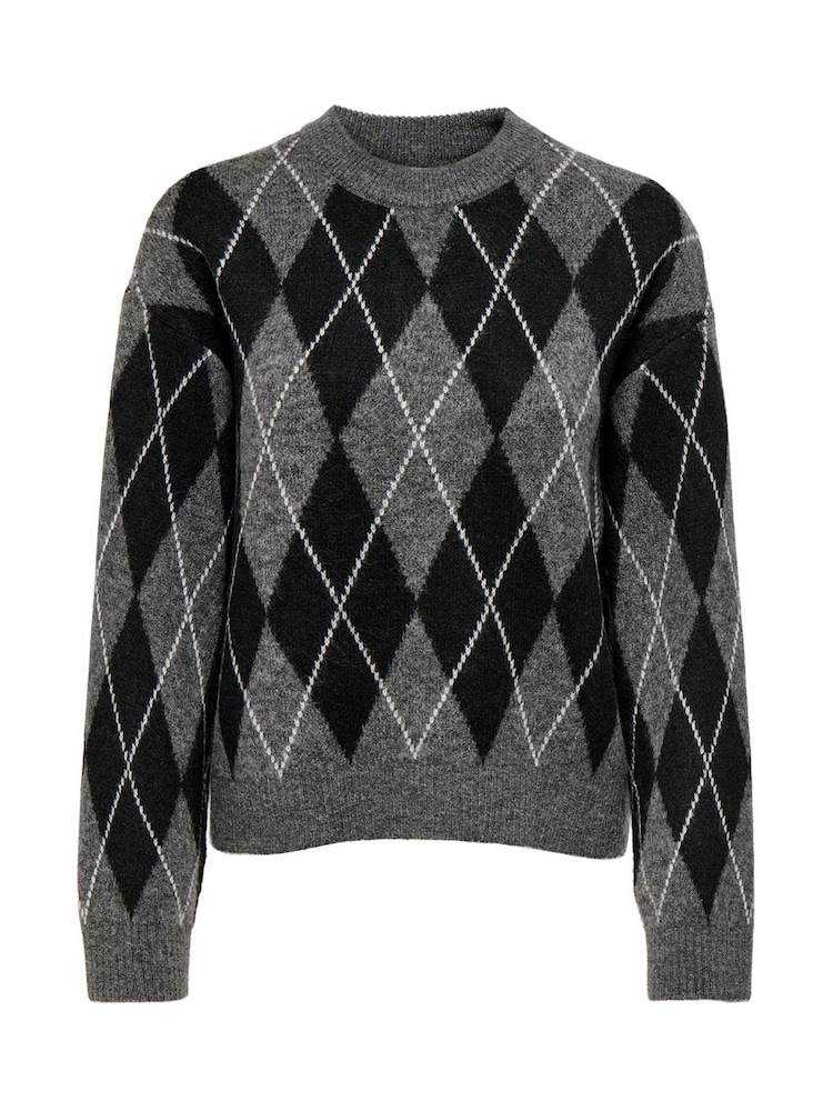 JDY Grey Argyle Long Sleeve Jumper - Image 1 of 2
