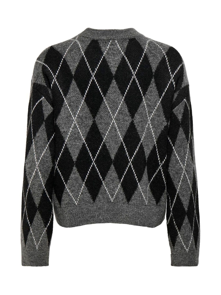 JDY Grey Argyle Long Sleeve Jumper - Image 2 of 2