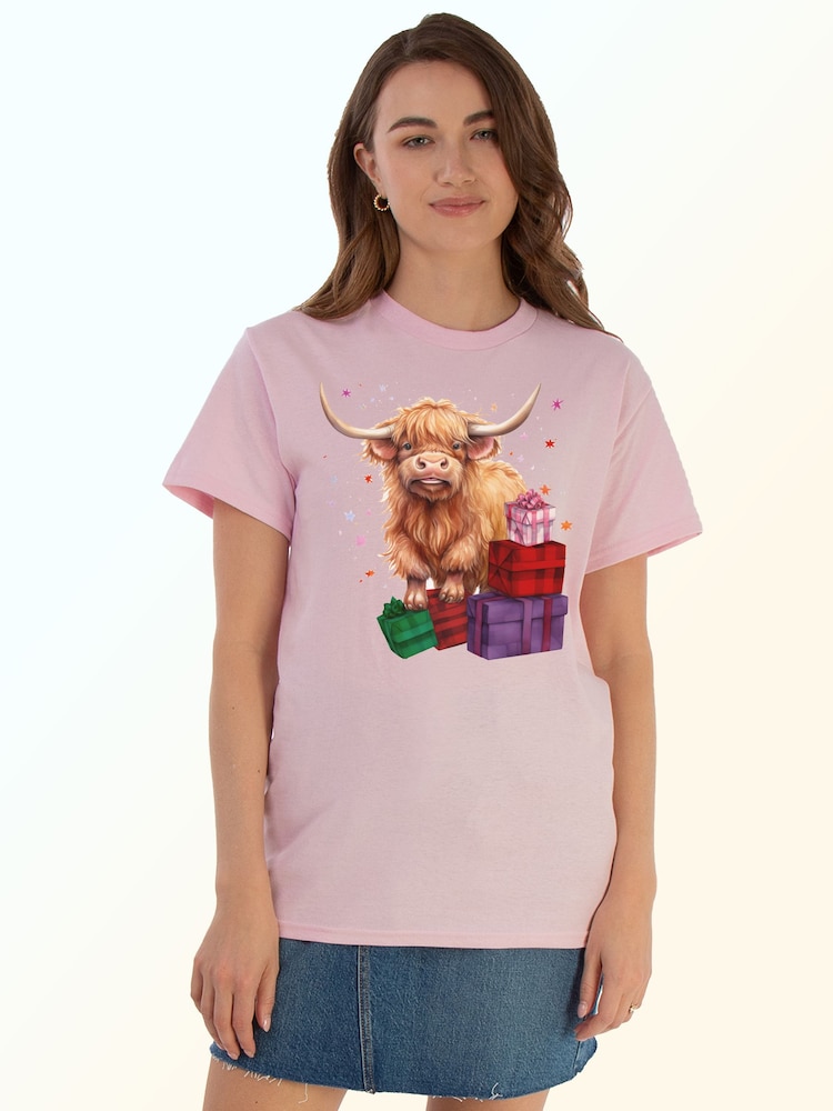 Brands In Pink Highland Cow Presents Christmas T-Shirt - Image 1 of 5 Brands In Pink Highland Cow Presents Christmas T-Shirt - Image 1 of 5