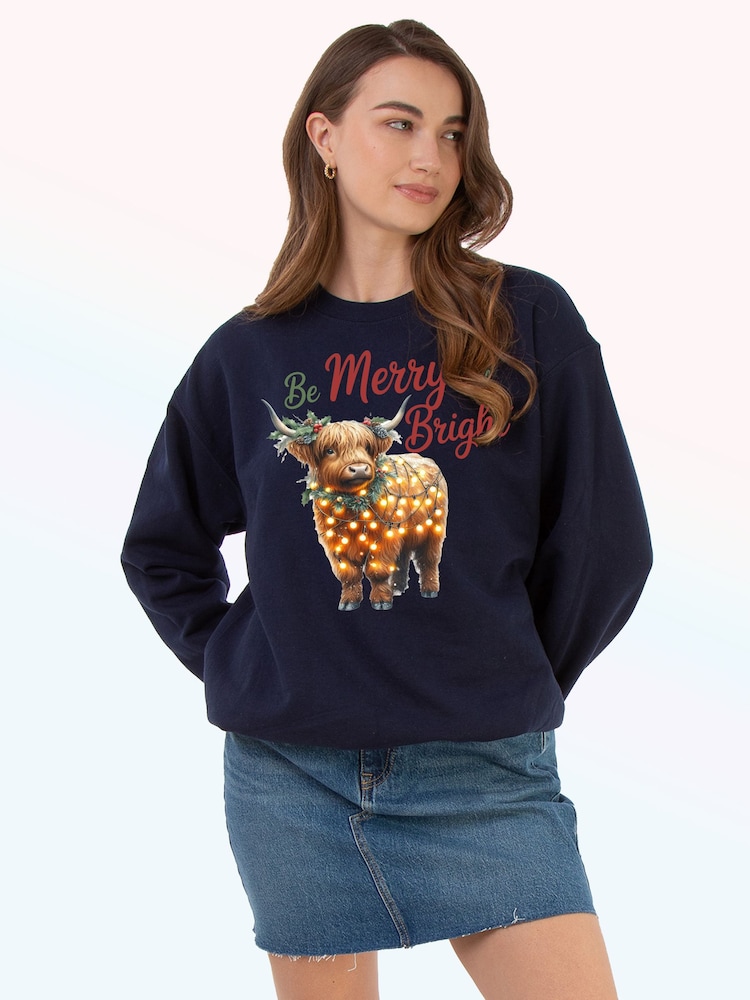Brands In Blue Highland Cow Bright Christmas Sweat Top - Image 1 of 5 Brands In Blue Highland Cow Bright Christmas Sweat Top - Image 1 of 5