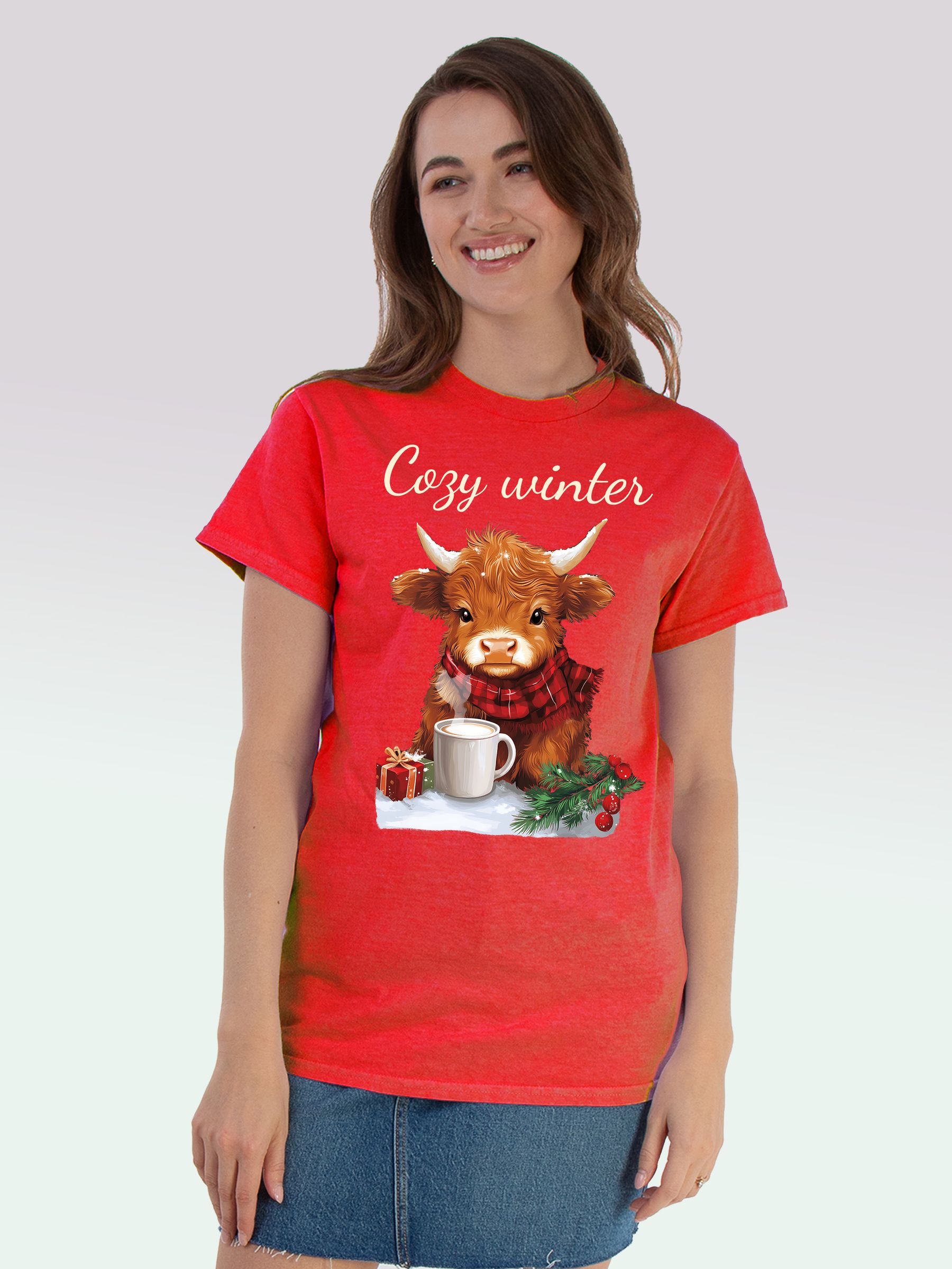 Buy Brands In Red Highland Cow Cozy Winter Christmas T-Shirt from