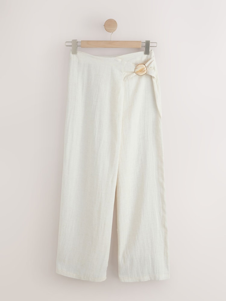 Ecru Wide Leg Wrap Trousers with Linen - Image 1 of 3 Ecru Wide Leg Wrap Trousers with Linen - Image 1 of 3