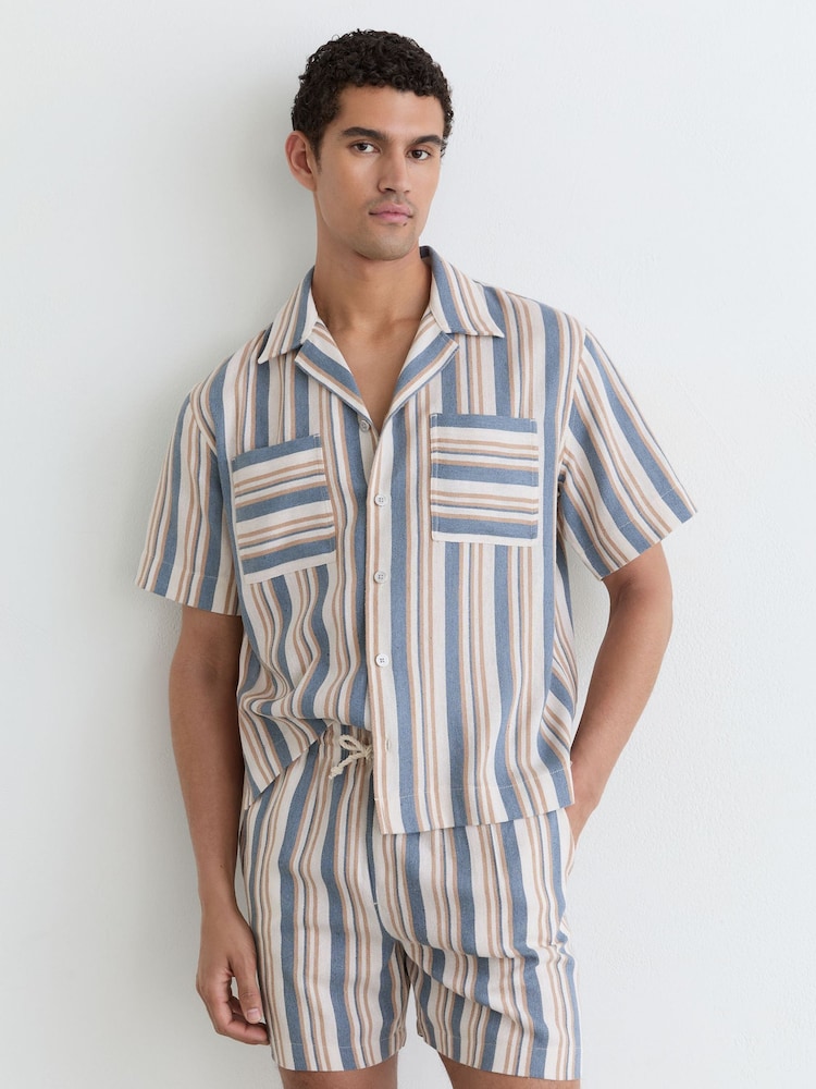 Reiss Blue/Ecru Celeste Striped Cuban-Collar Shirt - Image 1 of 5