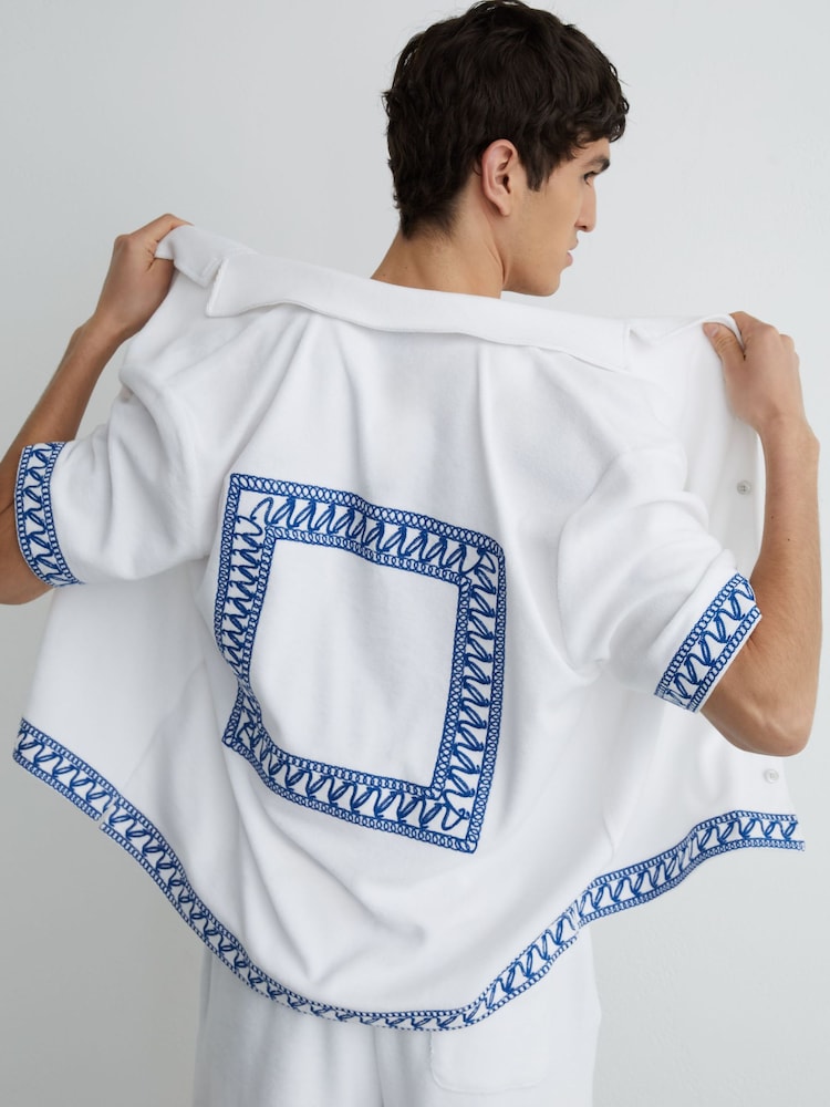 Reiss White Bleeker Cotton-Blend Towelling Embroidered Shirt - Image 1 of 6