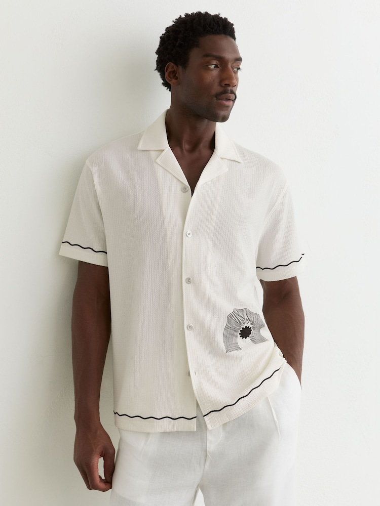 Reiss White Solano Textured Motif-Print Cuban-Collar Shirt - Image 1 of 7