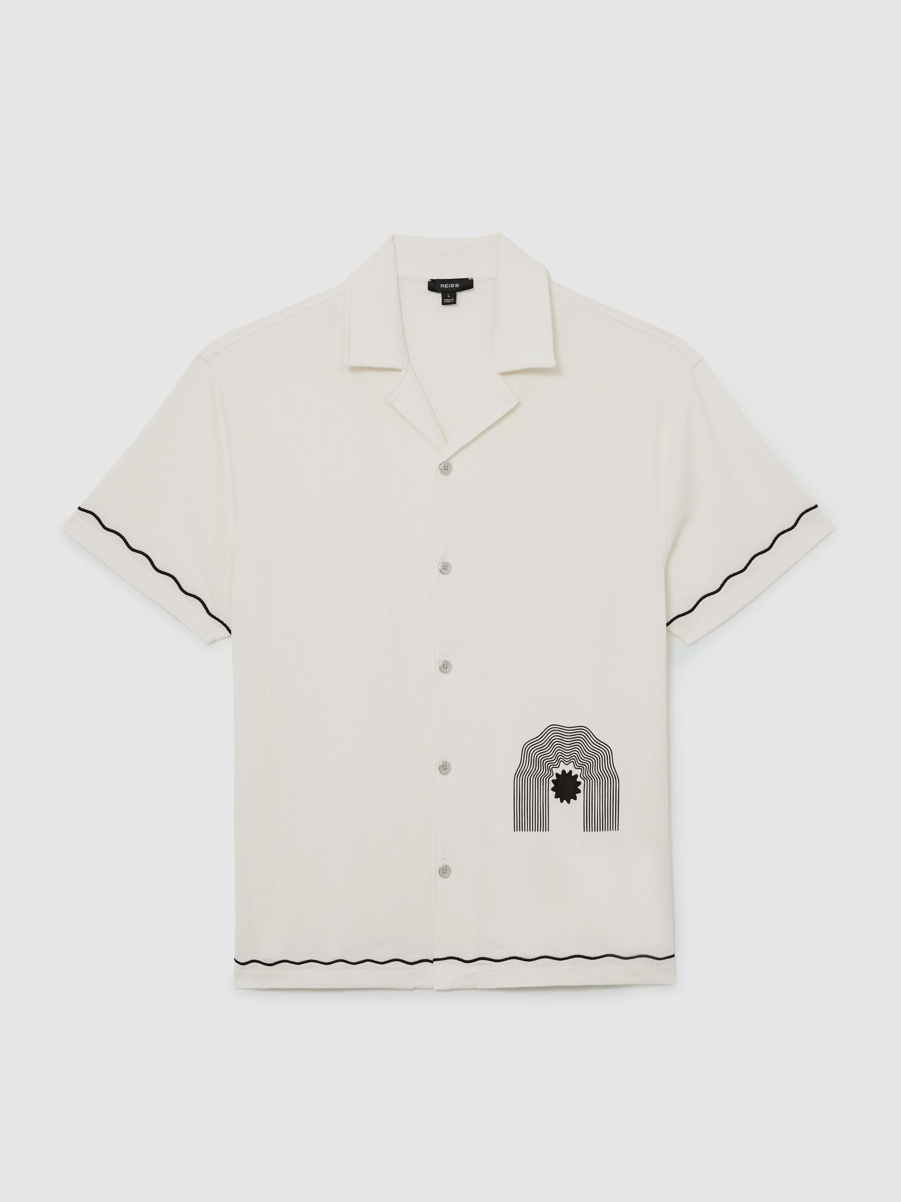 Buy Reiss White Solano Textured Motif-Print Cuban-Collar Shirt