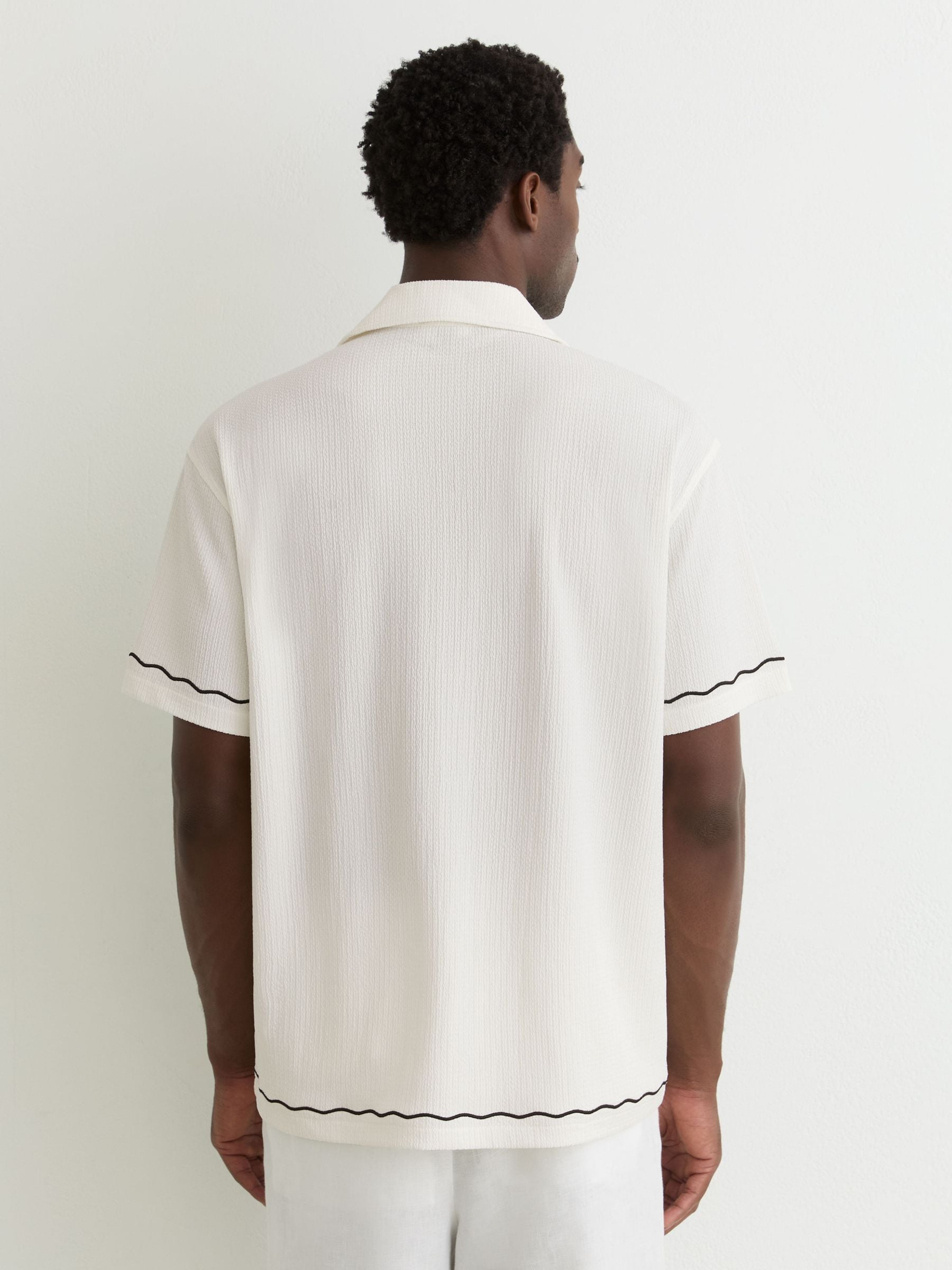 Buy Reiss White Solano Textured Motif-Print Cuban-Collar Shirt