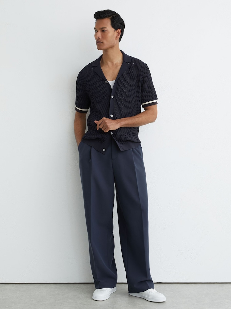 Reiss Navy Bilsby Cotton-Blend Geometric-Knit Tipped Shirt - Image 1 of 6