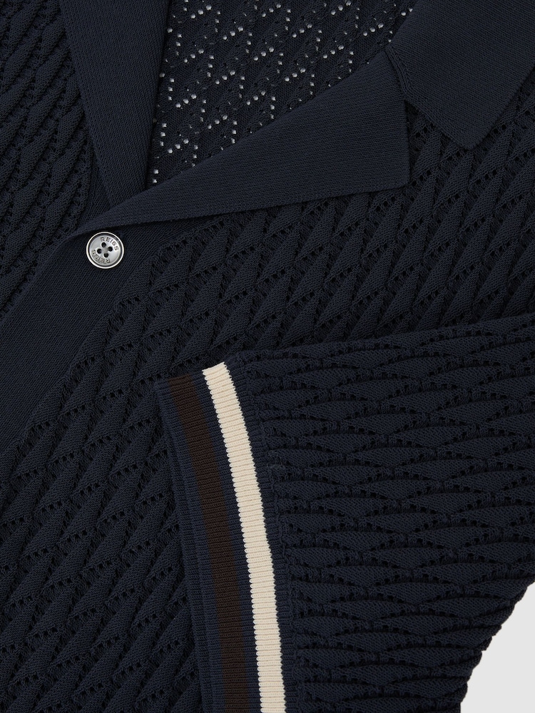 Reiss Navy Bilsby Cotton-Blend Geometric-Knit Tipped Shirt - Image 6 of 6