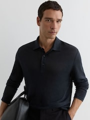 Reiss Navy Pembroke Linen Long-Sleeve Knitted Polo Shirt - Image 1 of 6